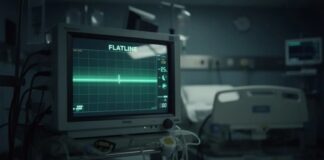 Hospital monitor displaying a flatline reading