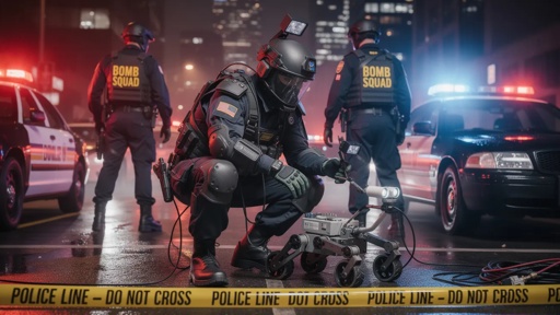 Bomb squad officer examining a robot in a police operation