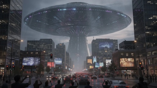 shutterstock_2762523463.jpg A large UFO hovering over a city street with people looking up in awe