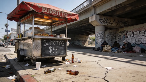 shutterstock_2771149309.jpg A food cart selling burritos in an urban setting with graffiti and people nearby