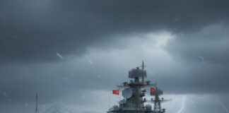 A military ship navigating through a stormy sea with dark clouds and lightning