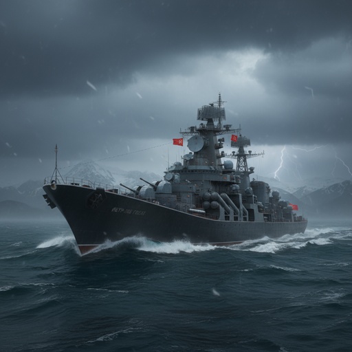 shutterstock_2702312151.jpg A military ship navigating through a stormy sea with dark clouds and lightning