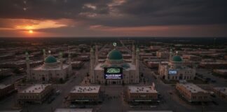 Aerial view of a mosque complex at sunset with surrounding buildings