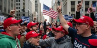 Crowd of people wearing MAGA hats at a political rally