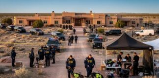 FBI agents conducting an operation at a desert location with vehicles and tents