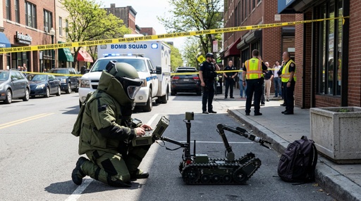 shutterstock_2756074597.jpg A bomb squad technician operating a robot in a street surrounded by police and emergency personnel