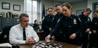 Police officers gathered around a table with badges during a meeting