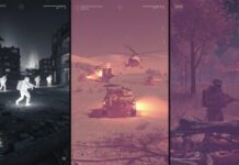 A triptych of military scenes featuring soldiers, helicopters, and an armored vehicle