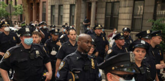 Police officers gathered on a city street