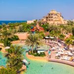 A vibrant water park with pools, palm trees, and visitors enjoying the sun