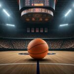 A basketball on the court in an empty arena