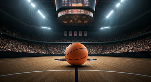 A basketball on the court in an empty arena