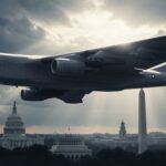 Military aircraft flying over Washington D.C. with iconic landmarks in view