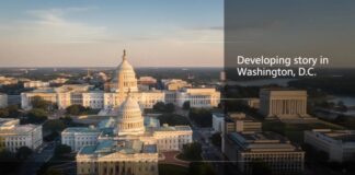 Aerial view of the Capitol building in Washington D.C. with a breaking news banner