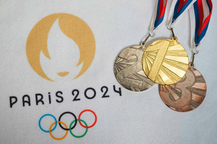 Paris 2024 logo and Olympic gold, silver, bronze medals.
