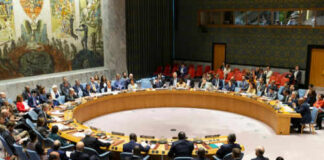 UN Security Council meeting in session, multiple representatives attending.