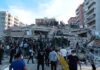 Mega Quakes Expose Empty Promises Rescue workers and civilians on collapsed building after earthquake