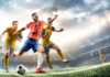 Soccer player in red jersey kicking ball during match