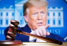 Actor’s Trump-Epstein Rant Goes Viral judge’s gavel with a blurred person pointing in the background