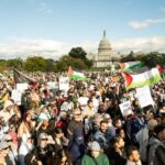 Large crowd of protesters holding Palestinian flags in front of the Capitol building