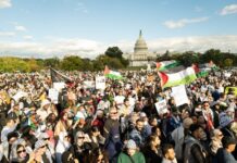 The Old U.S. Alliance Cannot Survive Large crowd of protesters holding Palestinian flags in front of the Capitol building