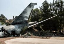 Tourist Flyover Chaos Sparks Safety Uproar Wrecked airplane tail section beside a road