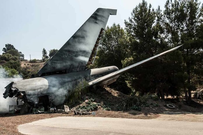 shutterstock_682815925 Wrecked airplane tail section beside a road