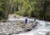 Five Drown Trying to Save One Swimmer Rescue workers in helmets standing along a fast-flowing forest river