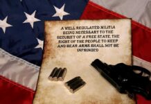 USA flag with Second Amendment, bullets, and revolver.