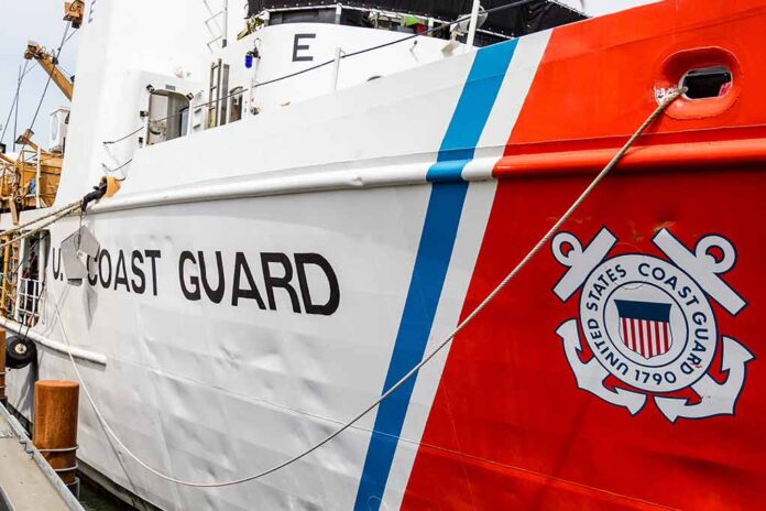 U.S. Coast Guard ship docked at port.