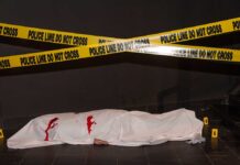 Body under white sheet with police line tape.