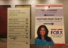 Election night party sign for Kim Foxx.