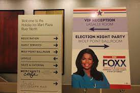 Election night party sign for Kim Foxx.