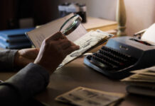 Person examining documents with magnifying glass near typewriter.