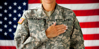 Soldier saluting in front of an American flag.