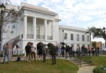 People gathered outside the Colleton County Courthouse.