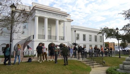 People gathered outside the Colleton County Courthouse.