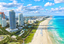 Aerial view of Miami Beach, hotels, and ocean.